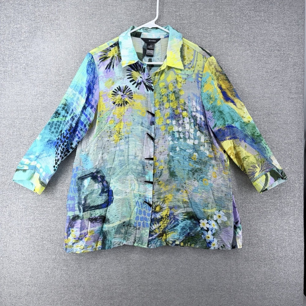 Ali Miles Tunic Top Women Size Small Light Blue Abstract Casual 3/4 Sleeve